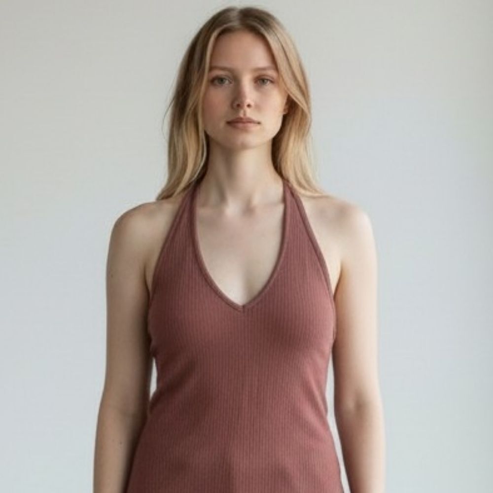 Root Beer Halter V-Neck Top With Bralette